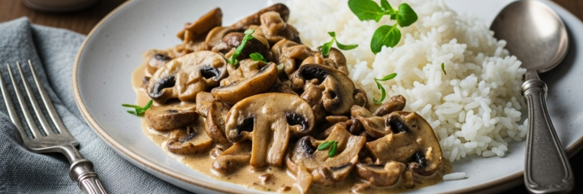 Veganes Pilzgeschnetzeltes mit Sojasahne - Veganes Pilzgeschnetzeltes mit Reis - Rezept