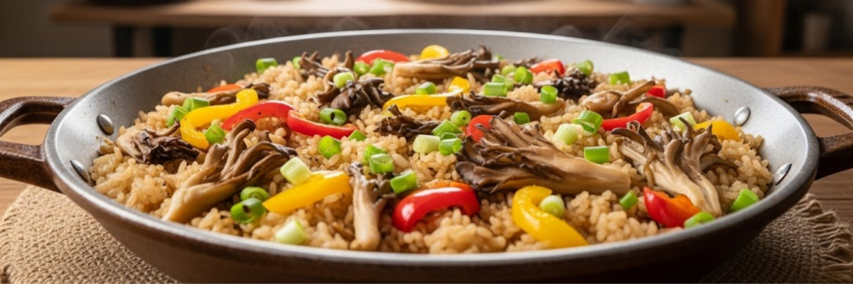 Maitake-Reis-Pfanne mit Paprika und Frühlingszwiebeln - Umami pur: Maitake-Reis-Pfanne - Rezept