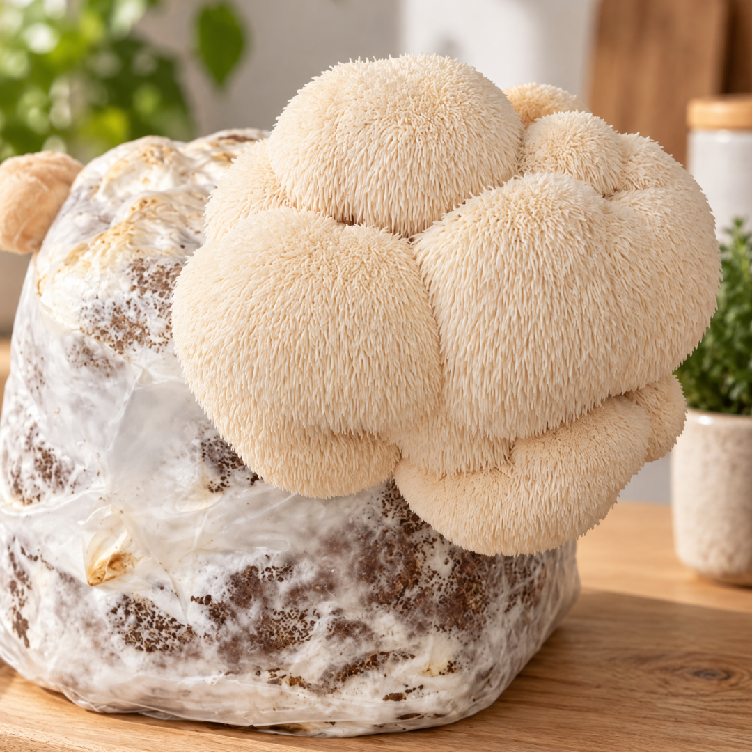pompom-pilz-substratblock-fruechtkoerper